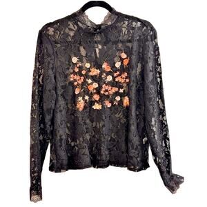 Black Soft Sheer Lace Top Blouse with Colorful Embroidered Floral Boho size XL
